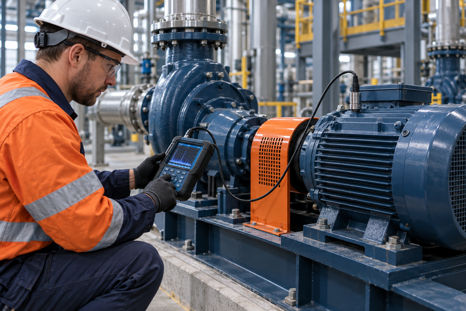 Engineer performing vibration monitoring on industrial equipment
